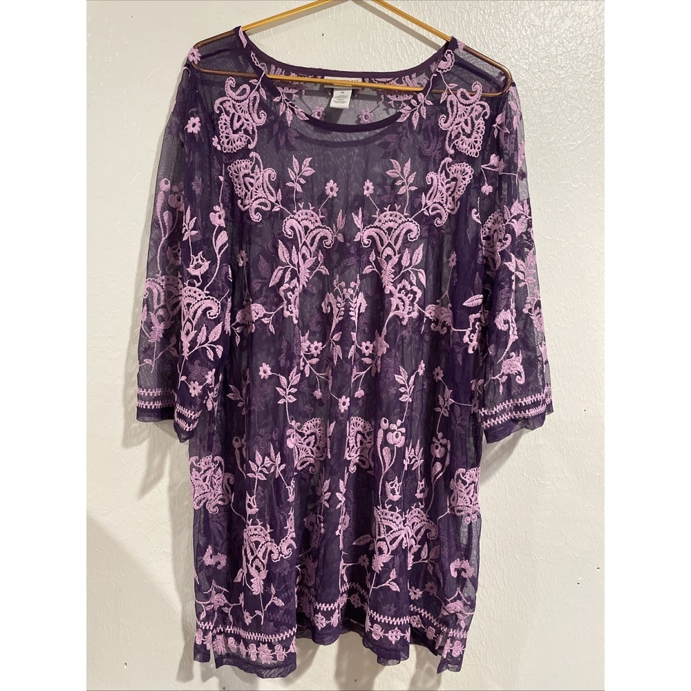 Catherines 2x 22/24 Dark Purple Embroidered Mesh 3/4 sleeve Sheer Swim Cover Top